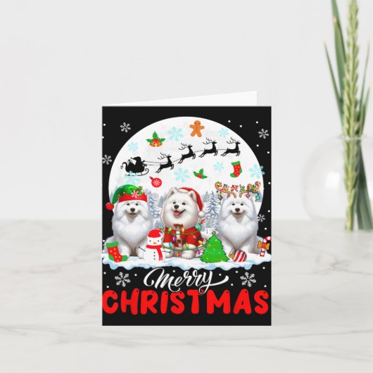 Vrolijk Kerstfeest Drie Santa Elf Rendier Samoyeds Kaart (Voorkant)