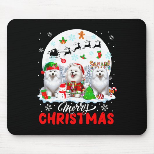 Vrolijk Kerstfeest Drie Santa Elf Rendier Samoyeds Muismat (Voorkant)