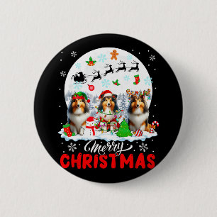 Vrolijk Kerstfeest Drie Santa Elf Rendier Shetland Ronde Button 5,7 Cm