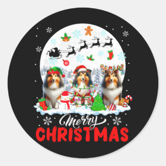 Vrolijk Kerstfeest Drie Santa Elf Rendier Shetland Ronde Sticker