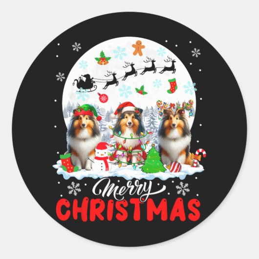 Vrolijk Kerstfeest Drie Santa Elf Rendier Shetland Ronde Sticker (Voorkant)