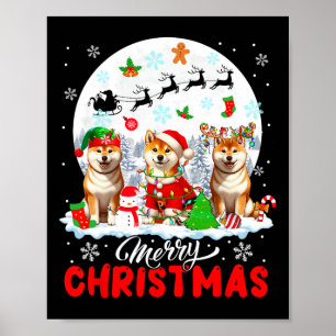 Vrolijk Kerstfeest Drie Santa Elf Rendier Shiba In Poster
