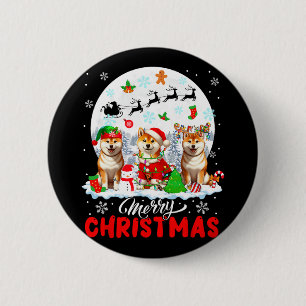 Vrolijk Kerstfeest Drie Santa Elf Rendier Shiba In Ronde Button 5,7 Cm