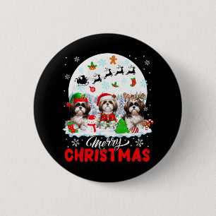 Vrolijk Kerstfeest Drie Santa Elf Rendier Shih Tzu Ronde Button 5,7 Cm