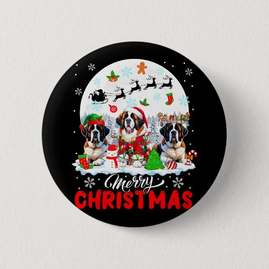 Vrolijk Kerstfeest Drie Santa Elf Rendier St. Bern Ronde Button 5,7 Cm (Voorkant)