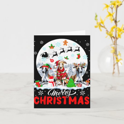 Vrolijk Kerstfeest Drie Santa Elf Rendier Whippets Kaart (Gele Bloem)