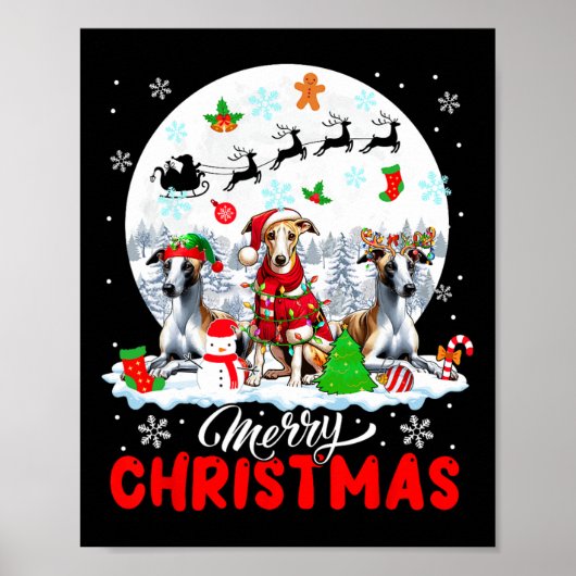 Vrolijk Kerstfeest Drie Santa Elf Rendier Whippets Poster (Voorkant)