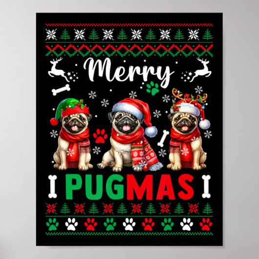 Vrolijk Kerstfeest Drie Santa Pugs Kleurrijke Trui Poster (Voorkant)