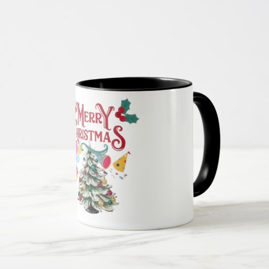 Vrolijk kerstfeest, een boom en een cadeau mok (Voorkant rechts)