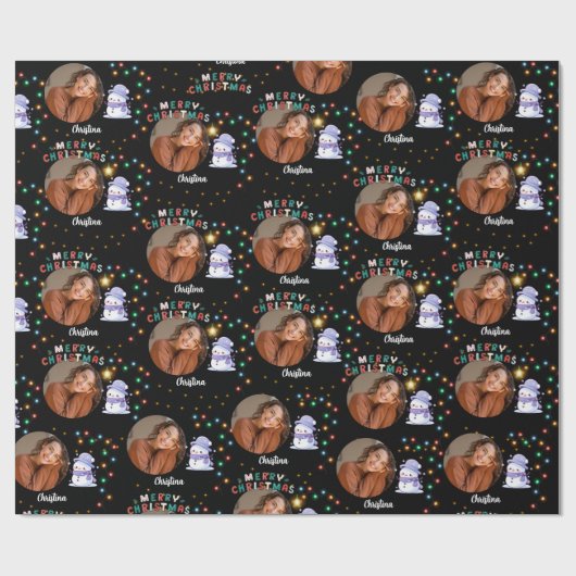 Vrolijk kerstfeest een cirkel foto en naam sneeuwp cadeaupapier (Vlak)