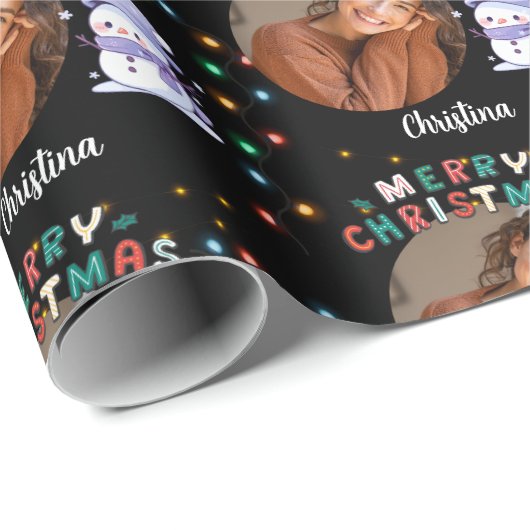 Vrolijk kerstfeest een cirkel foto en naam sneeuwp cadeaupapier (Rol Hoek)