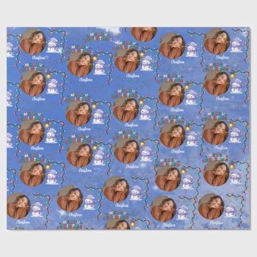 Vrolijk kerstfeest een cirkel foto en naam sneeuwp cadeaupapier (Vlak)