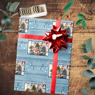Vrolijk kerstfeest één familie foto rustiek hout cadeaupapier