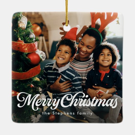 Vrolijk kerstfeest eenvoudig klassiek een foto vak keramisch ornament (Achterkant)