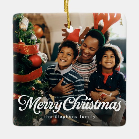 Vrolijk kerstfeest eenvoudig klassiek een foto vak keramisch ornament (Voorkant)