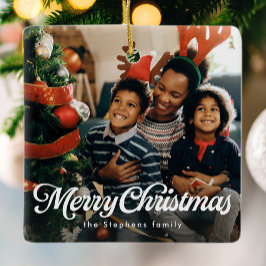Vrolijk kerstfeest eenvoudig klassiek een foto vak keramisch ornament