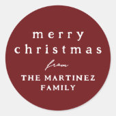 Vrolijk kerstfeest eenvoudige rustieke donkerrode  ronde sticker (Voorkant)