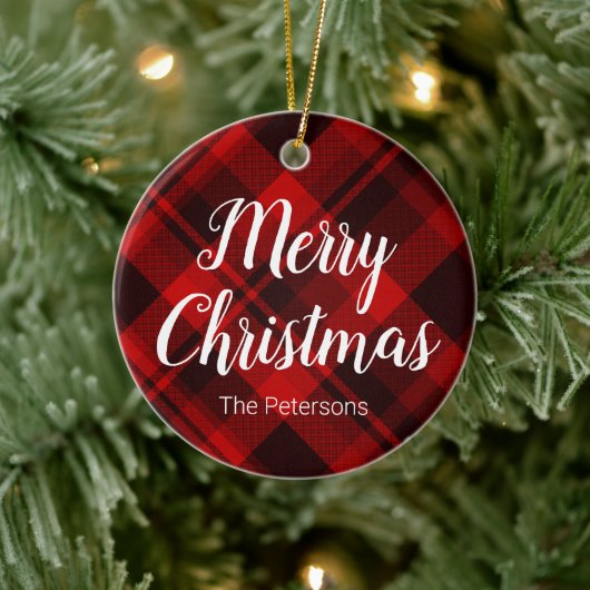 Vrolijk kerstfeest Eigen naam Rood Zwart Pset Tart Keramisch Ornament (Boom)