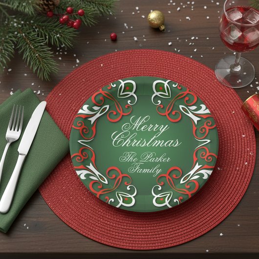 Vrolijk kerstfeest Elegant Baroque Red Green & Whi Papieren Bordje