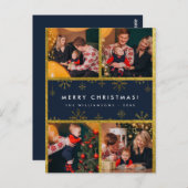 Vrolijk kerstfeest! | Elegant Blue & Gold 4-foto's Briefkaart (Voorkant / Achterkant)