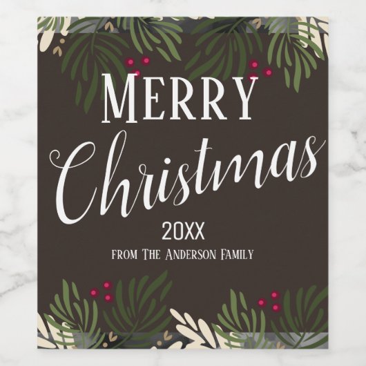 Vrolijk kerstfeest Elegant Floral Berries Wijnlabe Wijn Etiket (Enkel label)