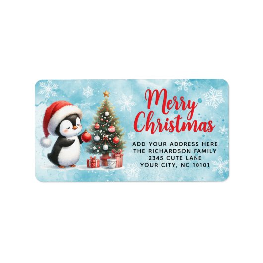 Vrolijk Kerstfeest Elegant Fun Penguin Rood en Bla Etiket (Voorkant)