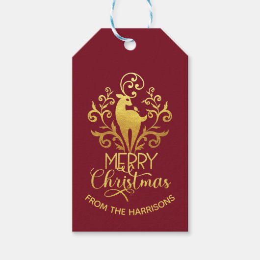 Vrolijk kerstfeest Elegant Gold Deer Red Cadeaulabel (Voorkant)