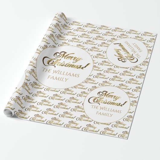 Vrolijk kerstfeest Elegant Gold en White Script Cadeaupapier (Uitgerold)