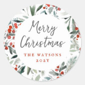 Vrolijk Kerstfeest Elegant Holly & Pine Vakantie Ronde Sticker (Voorkant)