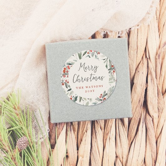 Vrolijk Kerstfeest Elegant Holly & Pine Vakantie Ronde Sticker
