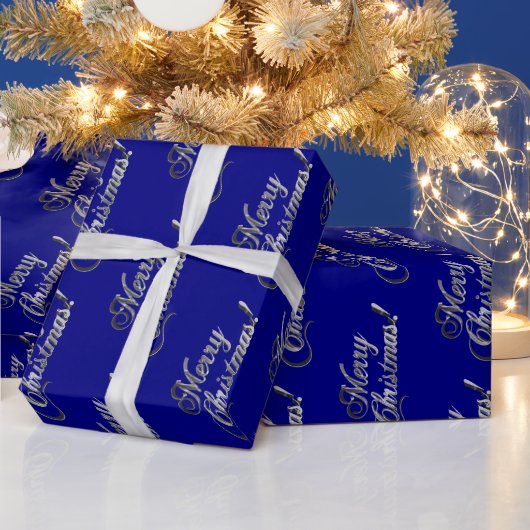 Vrolijk kerstfeest Elegant Navy Blue en Silver Gre Cadeaupapier (Feestdagen)
