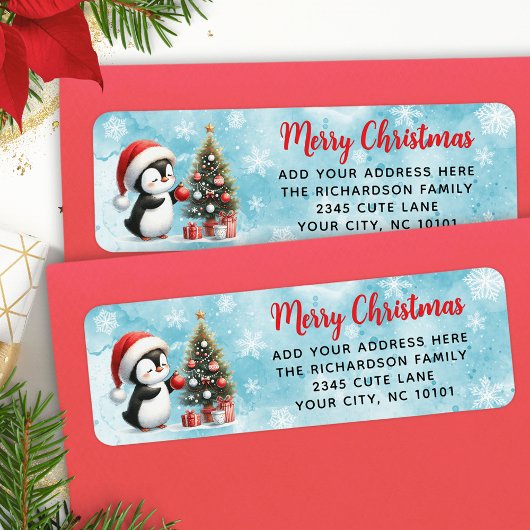 Vrolijk Kerstfeest Elegant Schattige Pinguïn Rood Etiket