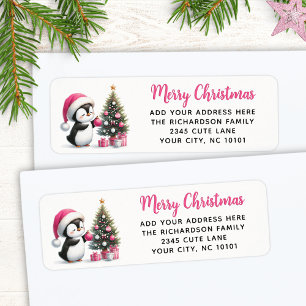 Vrolijk Kerstfeest Elegant Schattige Pinguïn Roze Etiket