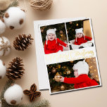 Vrolijk kerstfeest Elegant script 3 serie Foto Gol Folie Feestdagen Briefkaart<br><div class="desc">Elegant Merry kerstfoto gouden folie briefkaart met een prachtige krullende typografie in gouden folie. Dit moderne briefkaart van de familiefoto van de vakantie kenmerkt prachtige manuscript en jouw naam in meer dan 3 foto's van uw baby of kinderen. Eenvoudig. Chic. Classic.</div>