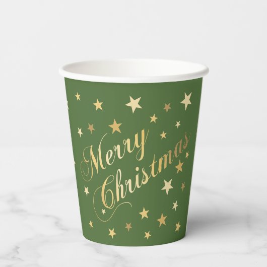 Vrolijk kerstfeest Elegant Script Gold Stars Green Papieren Bekers (Achterkant)