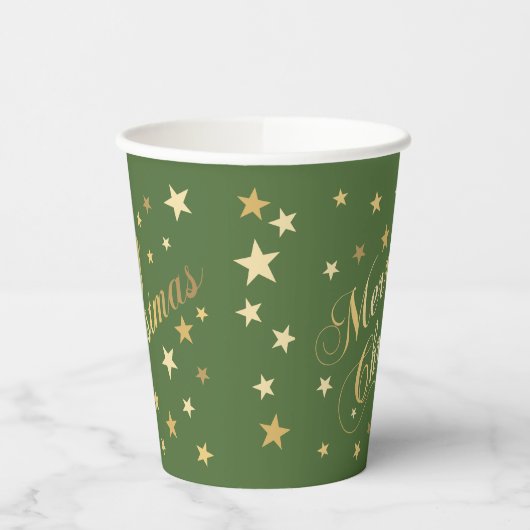 Vrolijk kerstfeest Elegant Script Gold Stars Green Papieren Bekers (Links)