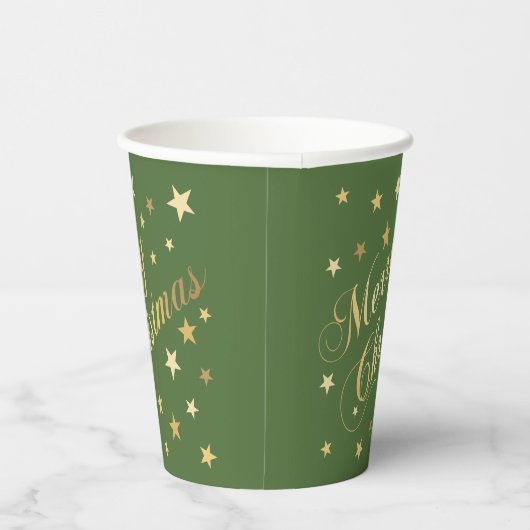 Vrolijk kerstfeest Elegant Script Gold Stars Green Papieren Bekers (Rechts)