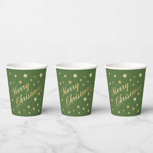 Vrolijk kerstfeest Elegant Script Gold Stars Green Papieren Bekers (Multi)
