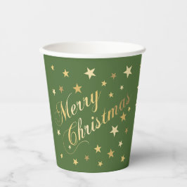 Vrolijk kerstfeest Elegant Script Gold Stars Green Papieren Bekers
