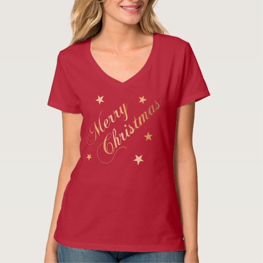 Vrolijk kerstfeest Elegant Script Gold Stars T-shirt (Voorkant)