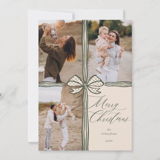 Vrolijk Kerstfeest Elegante Bow Cadeau Fotocollage Feestdagenkaart (Voorkant)