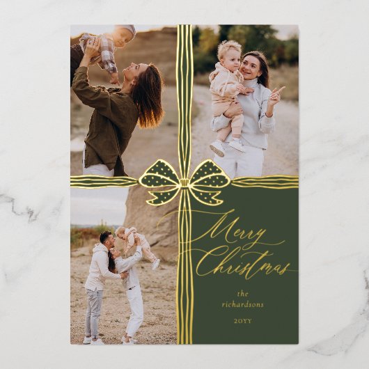 Vrolijk Kerstfeest Elegante Bow Cadeau Fotocollage Folie Feestdagenkaart (Voorkant)