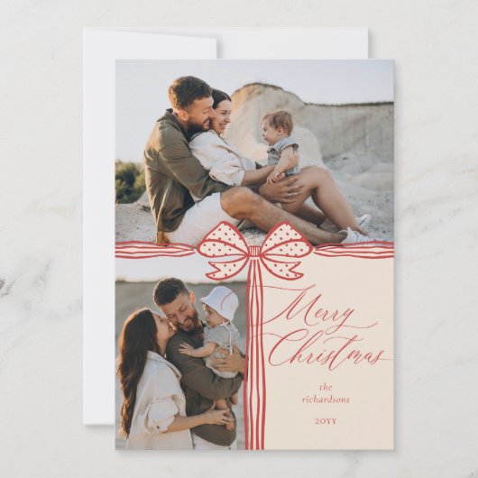 Vrolijk Kerstfeest Elegante Bow & Ribbon Fotocolla Feestdagenkaart (Voorkant)