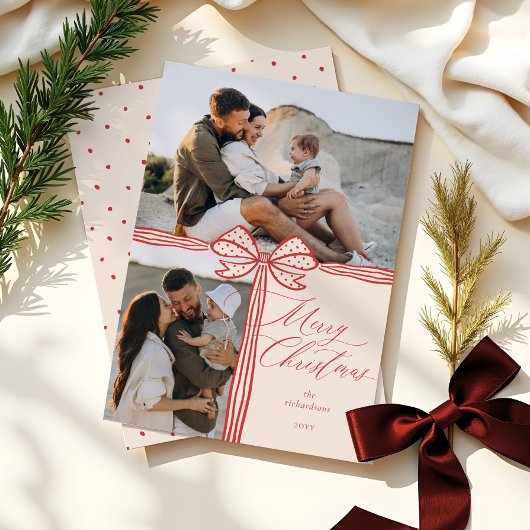 Vrolijk Kerstfeest Elegante Bow & Ribbon Fotocolla Feestdagenkaart