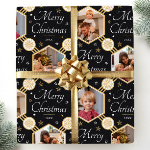 Vrolijk Kerstfeest Elegante Sneeuwvlok Foto Zwart Cadeaupapier