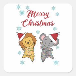 Vrolijk kerstfeest Elephant Lion Snow Winter Zoo Vierkante Sticker