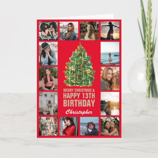 Vrolijk kerstfeest en 13e Happy Birthday Red & Gol Kaart (Voorkant)