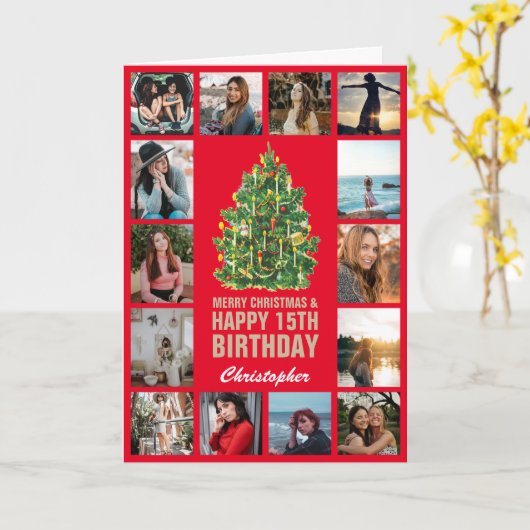 Vrolijk kerstfeest en 15e Happy Birthday Red & Gol Kaart (Gele Bloem)