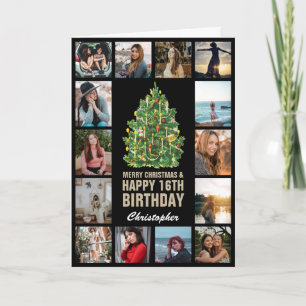 Vrolijk kerstfeest en 16e Happy Birthday-fotokaart Kaart
