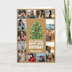 Vrolijk kerstfeest en 44e Happy Birthday Gold Kaart